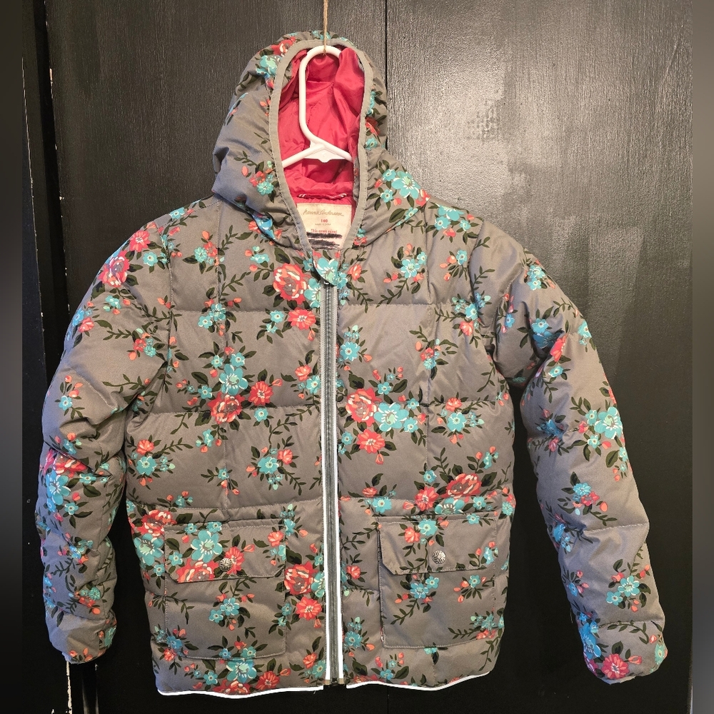 Hanna Andersson Floral Down Puffer Jacket - Gray and Pink- Size 140 Or US-10